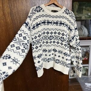 Eddie Bauer Men's Cream Navy Blue Tribal Cotton Sweater Nordic Fair Isle Med C10